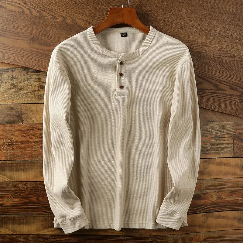 Rugherk - Heren Wafelgebreide Henley Shirt, Lange Mouwen, Casual Pasvorm, Zachte Stof