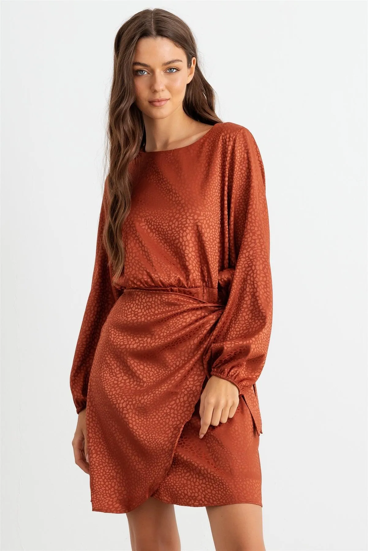 Rust Printed Satin Wrap Hem Long Sleeve Mini Dress /3-2-2