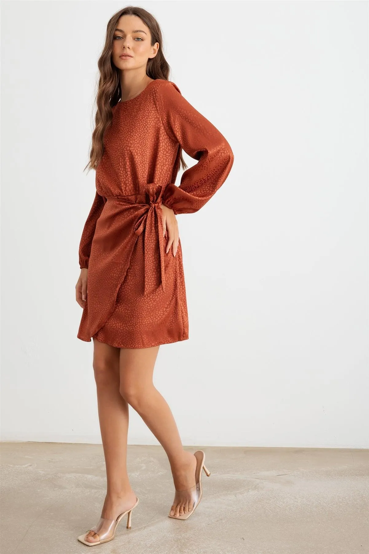 Rust Printed Satin Wrap Hem Long Sleeve Mini Dress /3-2-2