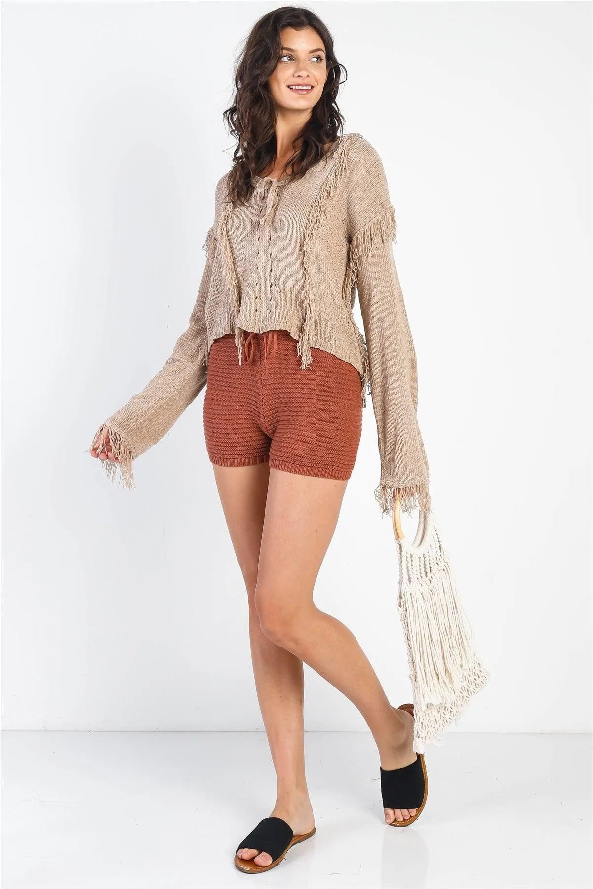 Sand Trim Detail Self-Tie V-Neck Knit Top