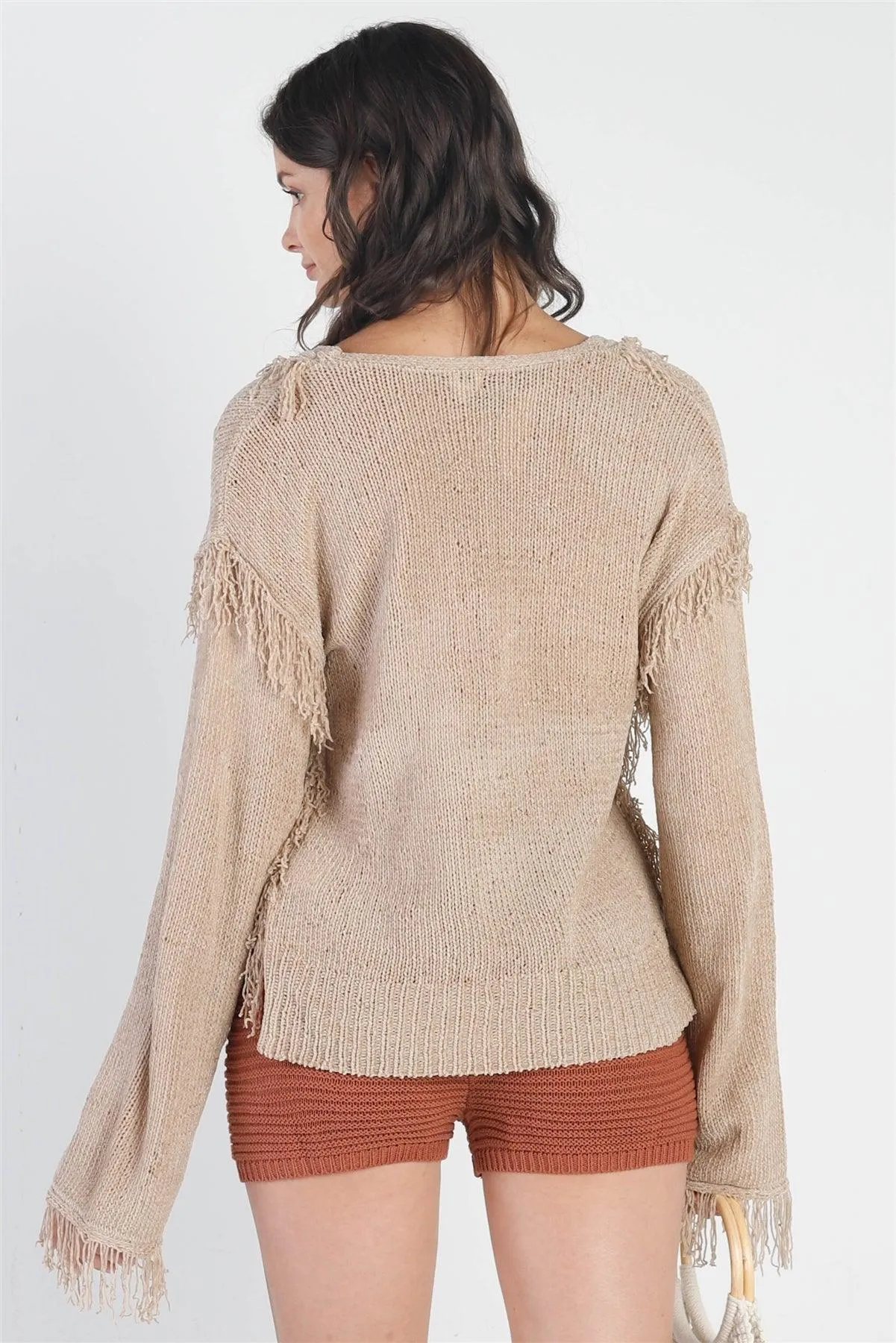 Sand Trim Detail Self-Tie V-Neck Knit Top