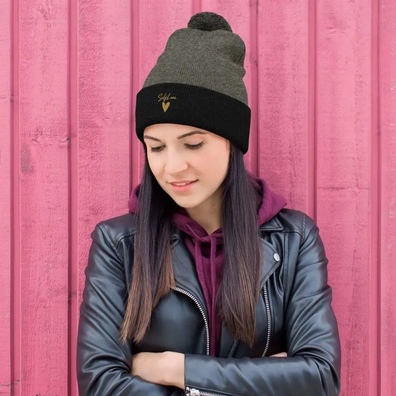 Self Love Pom-Pom Beanie - Women's Beanie with Embroidery