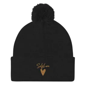 Self Love Pom-Pom Beanie - Women's Beanie with Embroidery