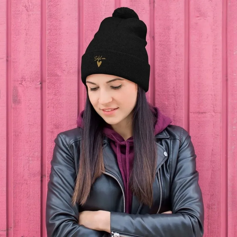 Self Love Pom-Pom Beanie - Women's Beanie with Embroidery