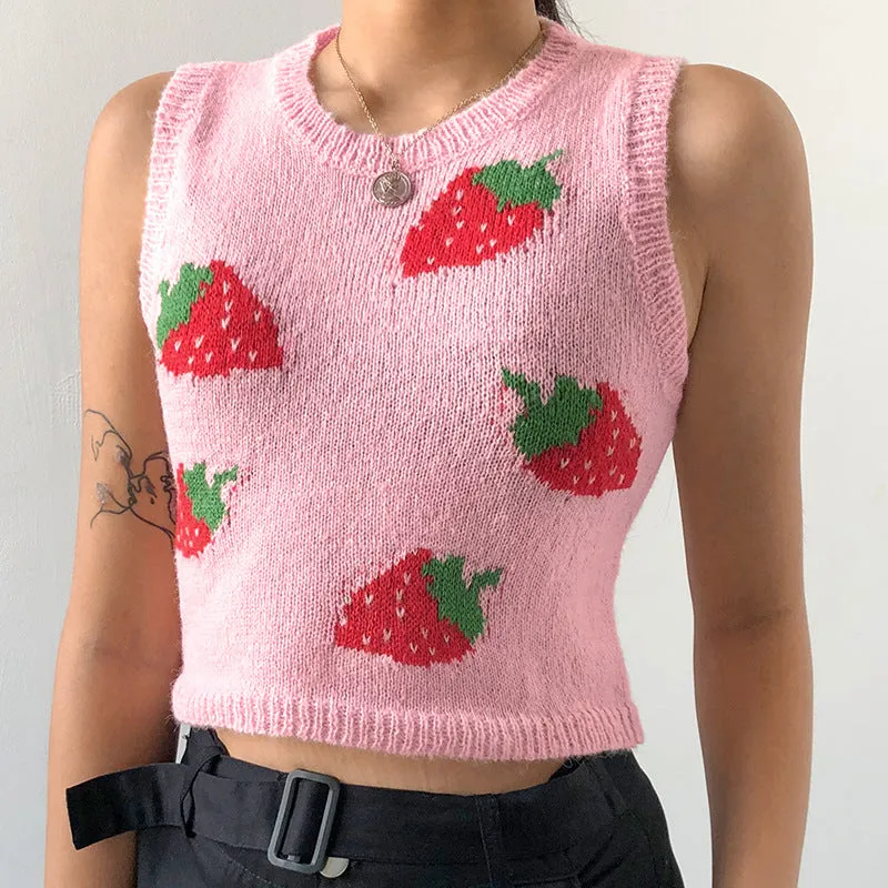 Sexy Wool Cami Crop Top Wool Vest Pink Strawberry Knitting Outfit Knitwear Sweater for Girls