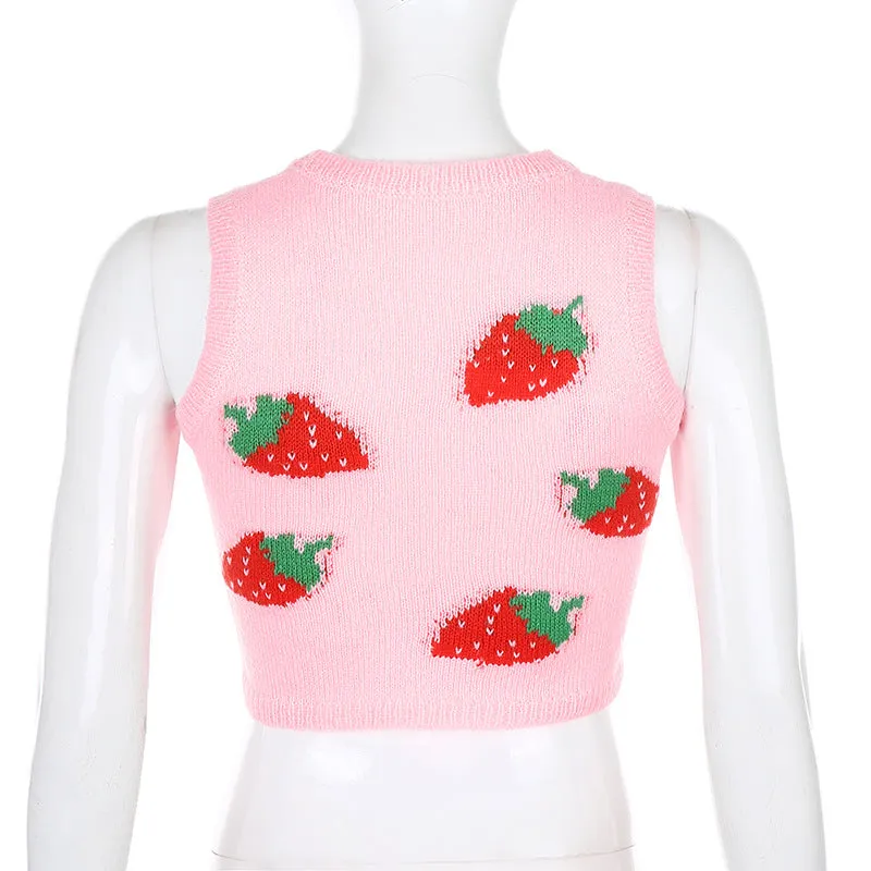 Sexy Wool Cami Crop Top Wool Vest Pink Strawberry Knitting Outfit Knitwear Sweater for Girls