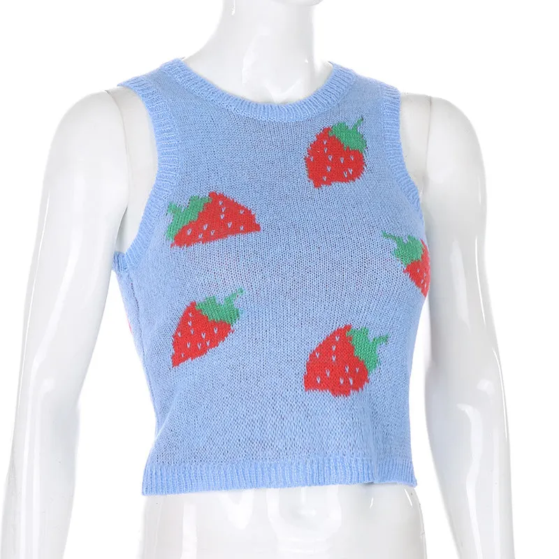 Sexy Wool Cami Crop Top Wool Vest Pink Strawberry Knitting Outfit Knitwear Sweater for Girls