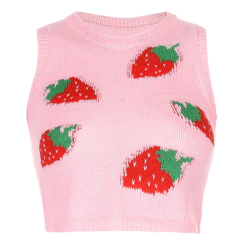 Sexy Wool Cami Crop Top Wool Vest Pink Strawberry Knitting Outfit Knitwear Sweater for Girls