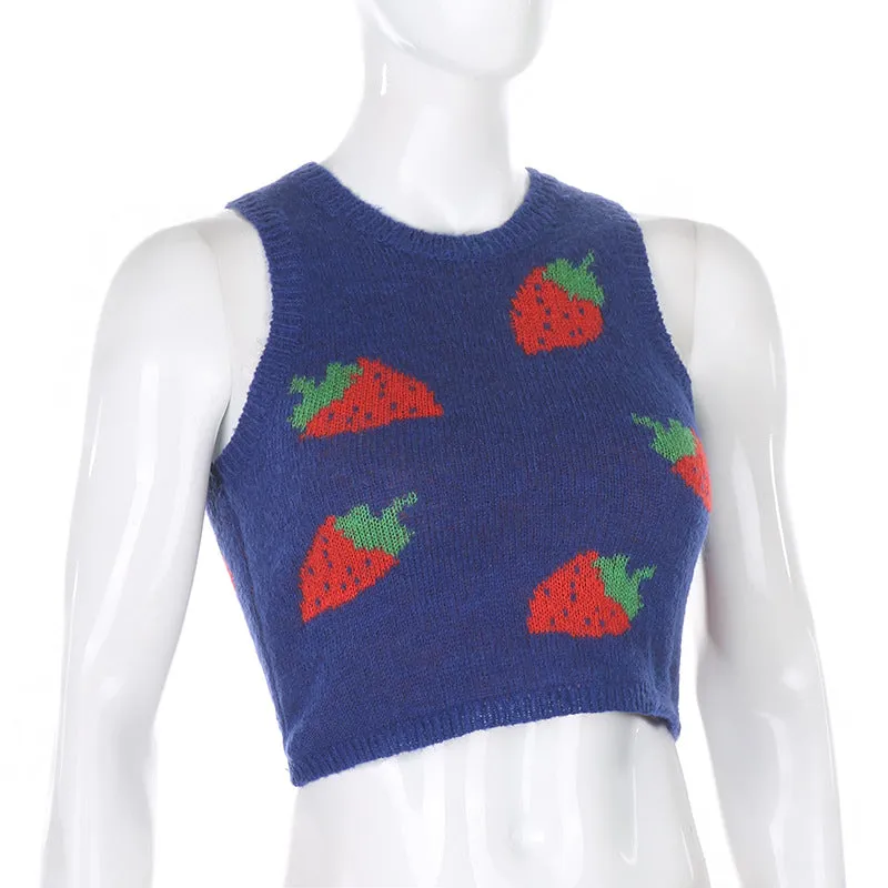 Sexy Wool Cami Crop Top Wool Vest Pink Strawberry Knitting Outfit Knitwear Sweater for Girls