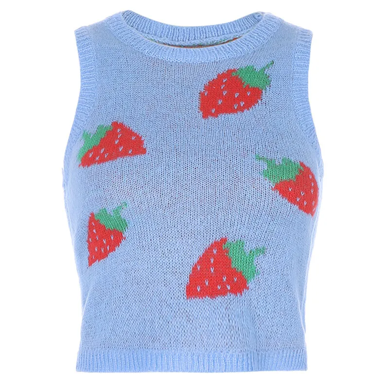 Sexy Wool Cami Crop Top Wool Vest Pink Strawberry Knitting Outfit Knitwear Sweater for Girls