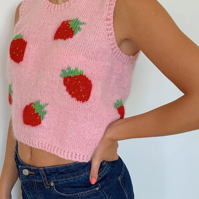 Sexy Wool Cami Crop Top Wool Vest Pink Strawberry Knitting Outfit Knitwear Sweater for Girls