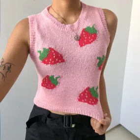 Sexy Wool Cami Crop Top Wool Vest Pink Strawberry Knitting Outfit Knitwear Sweater for Girls