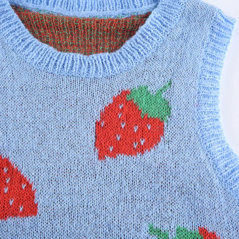 Sexy Wool Cami Crop Top Wool Vest Pink Strawberry Knitting Outfit Knitwear Sweater for Girls