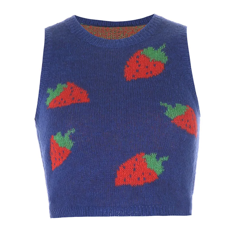 Sexy Wool Cami Crop Top Wool Vest Pink Strawberry Knitting Outfit Knitwear Sweater for Girls