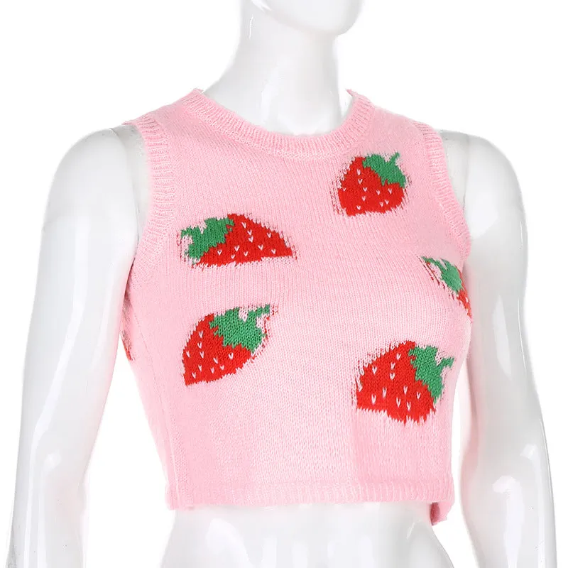 Sexy Wool Cami Crop Top Wool Vest Pink Strawberry Knitting Outfit Knitwear Sweater for Girls