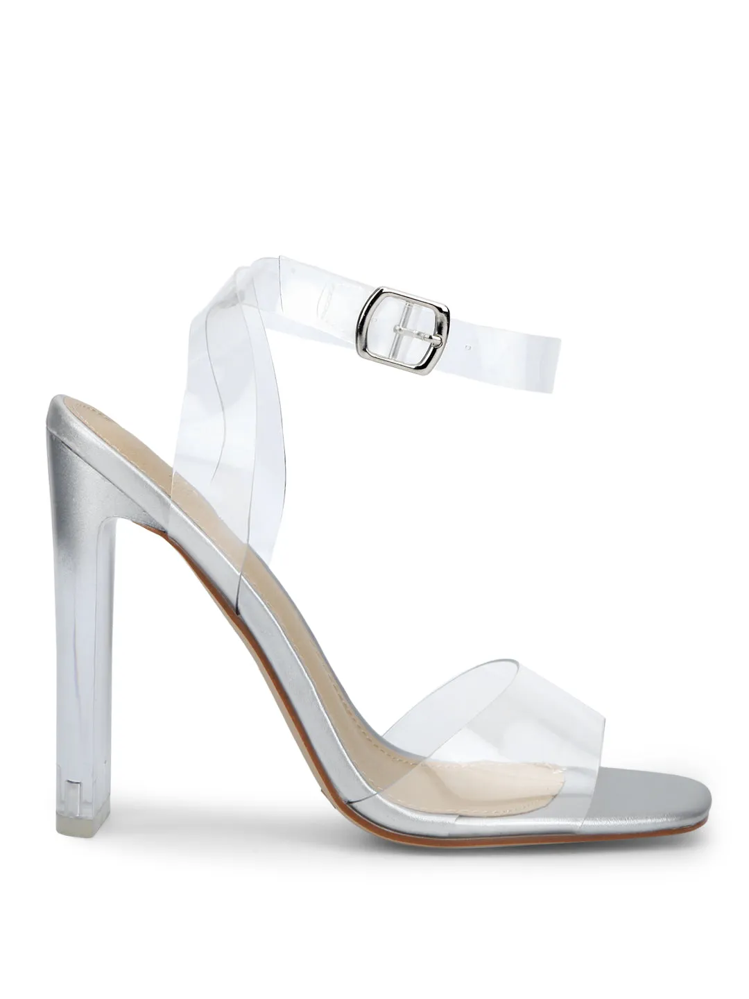 Silver Clear Ankle Strap Slim Block Heels