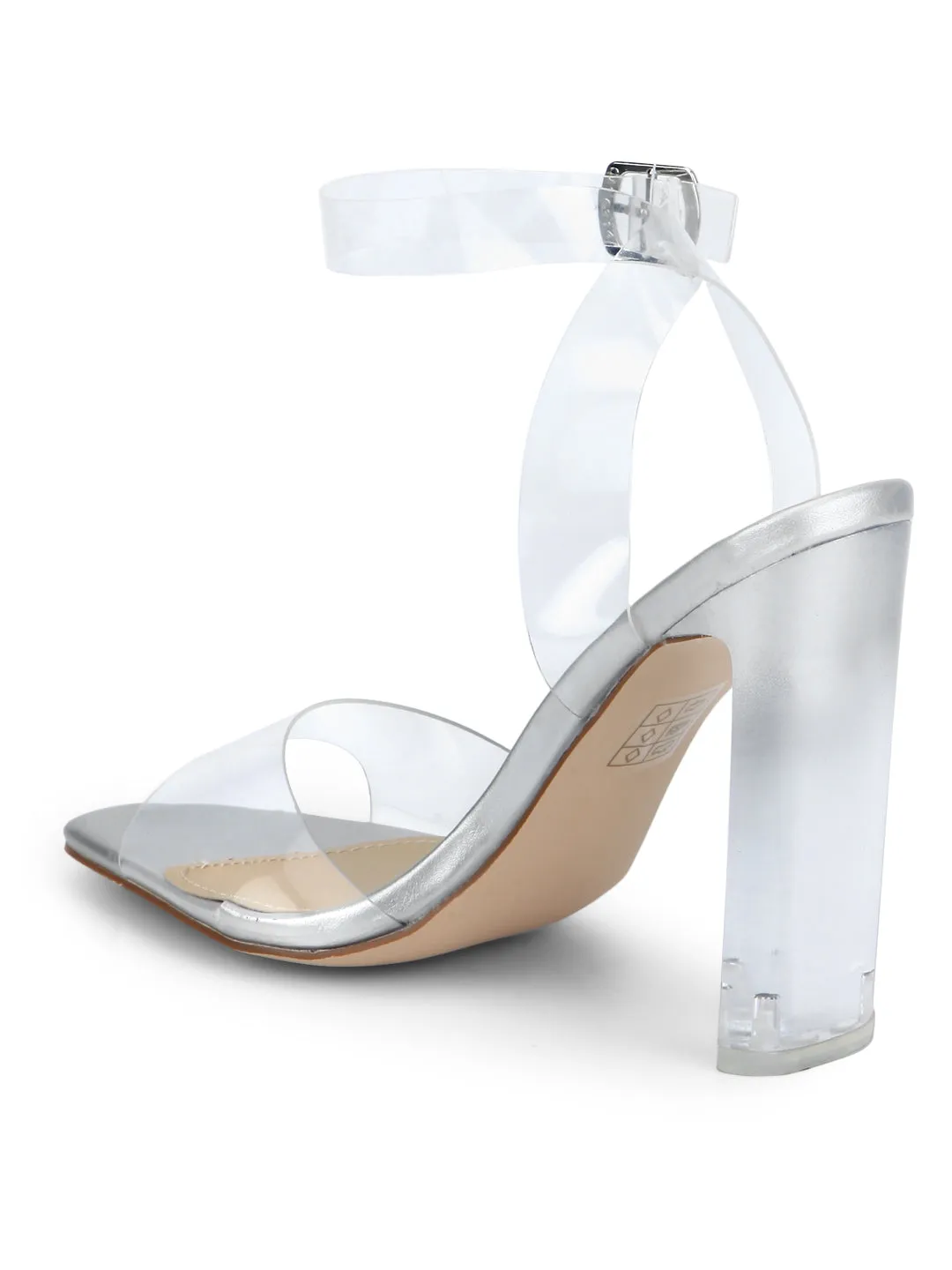 Silver Clear Ankle Strap Slim Block Heels