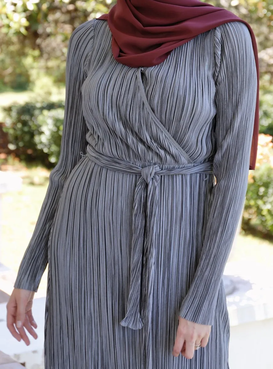 Silver Pleated Wrap Dress