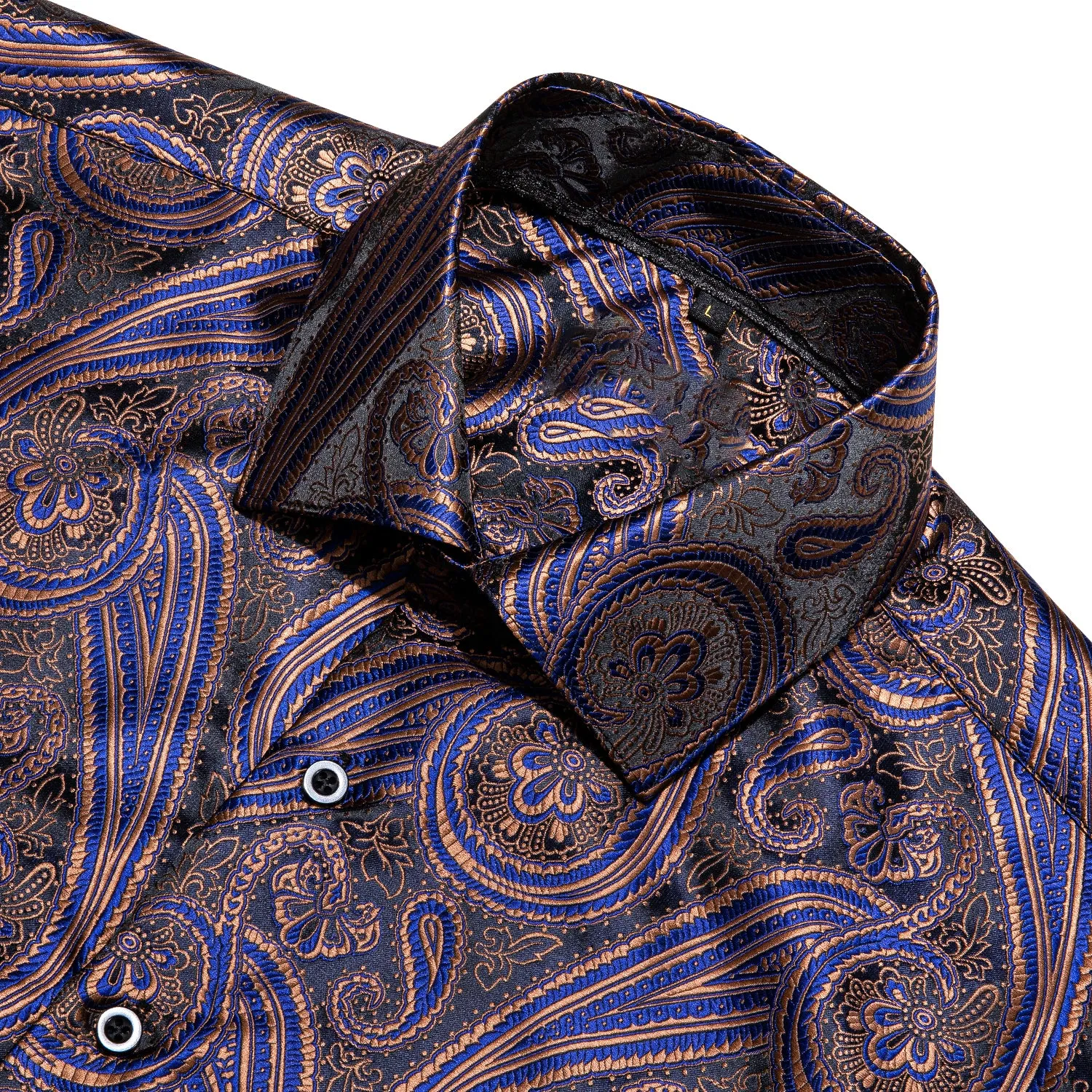 Silver Purple Blue Paisley Pattern Silk Men's Long Sleeve Shirt