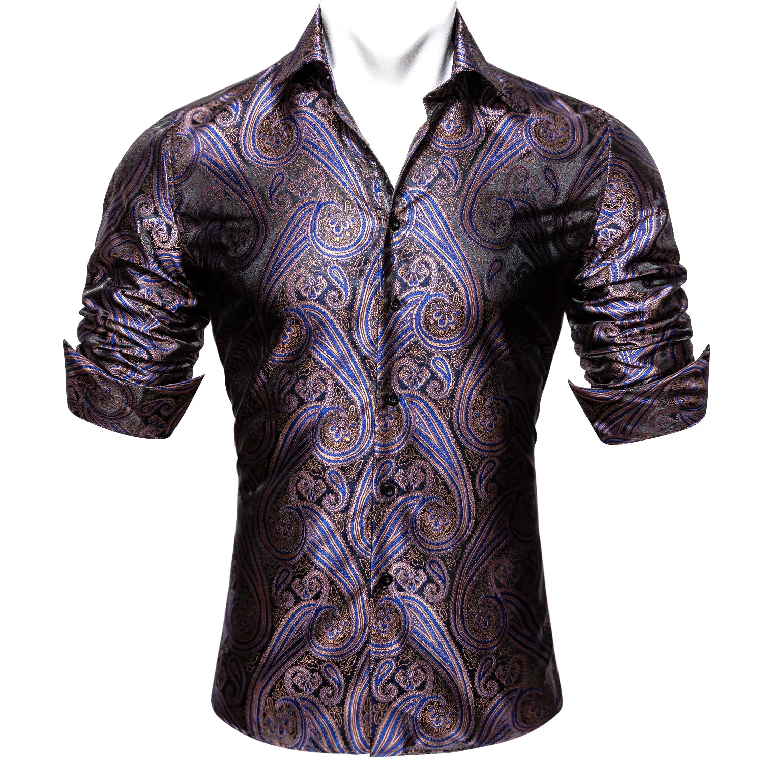 Silver Purple Blue Paisley Pattern Silk Men's Long Sleeve Shirt