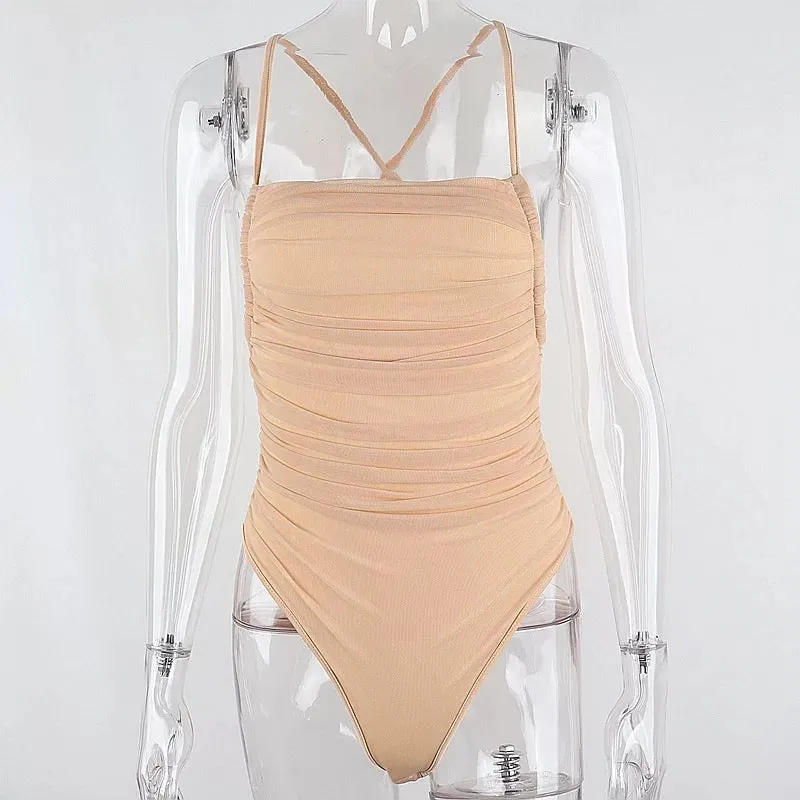 Sleeveless Chic Mesh Ruched Halter Bodysuit