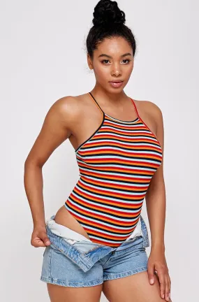 STRIPED PRINT OPEN BACK BODYSUIT