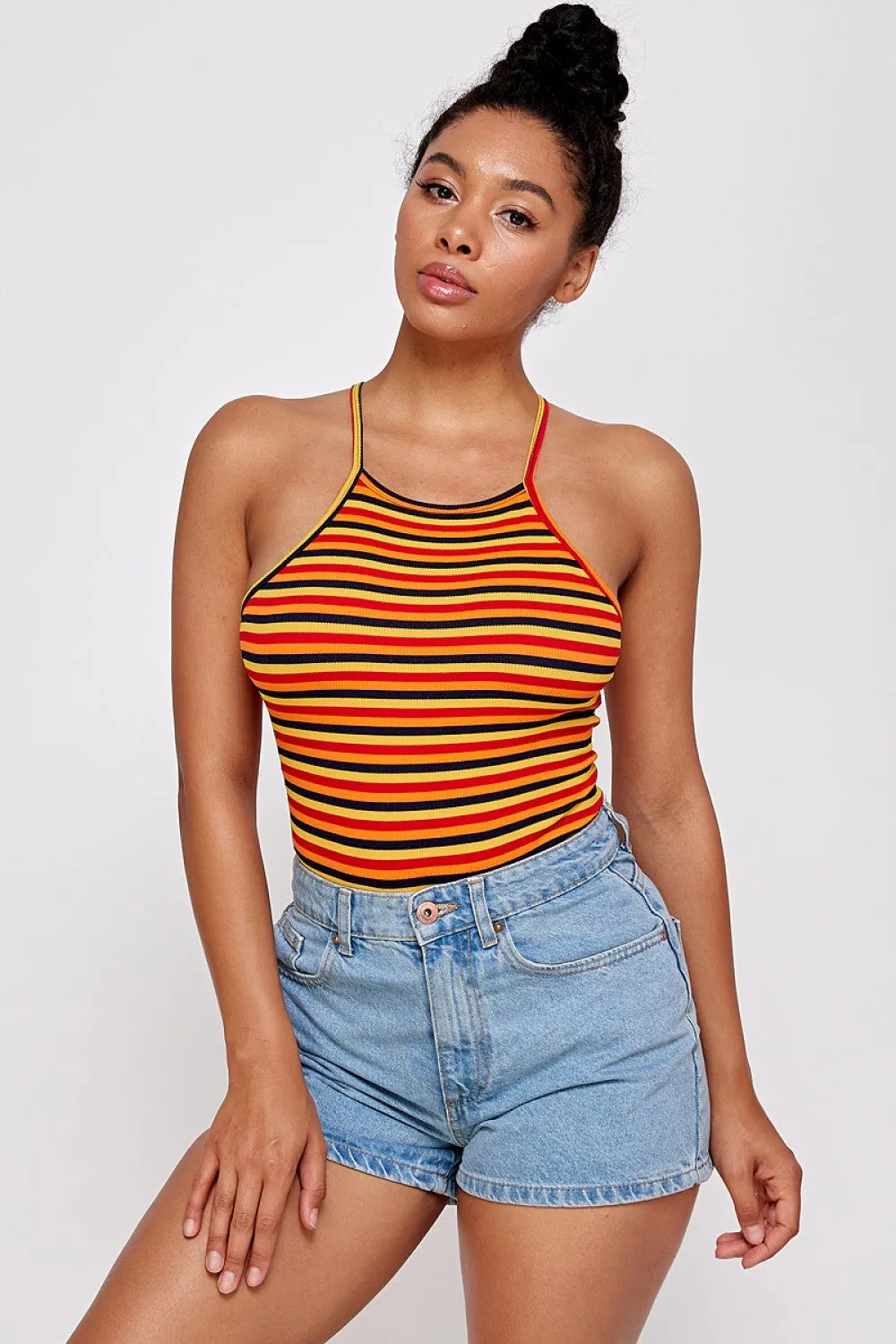 STRIPED PRINT OPEN BACK BODYSUIT