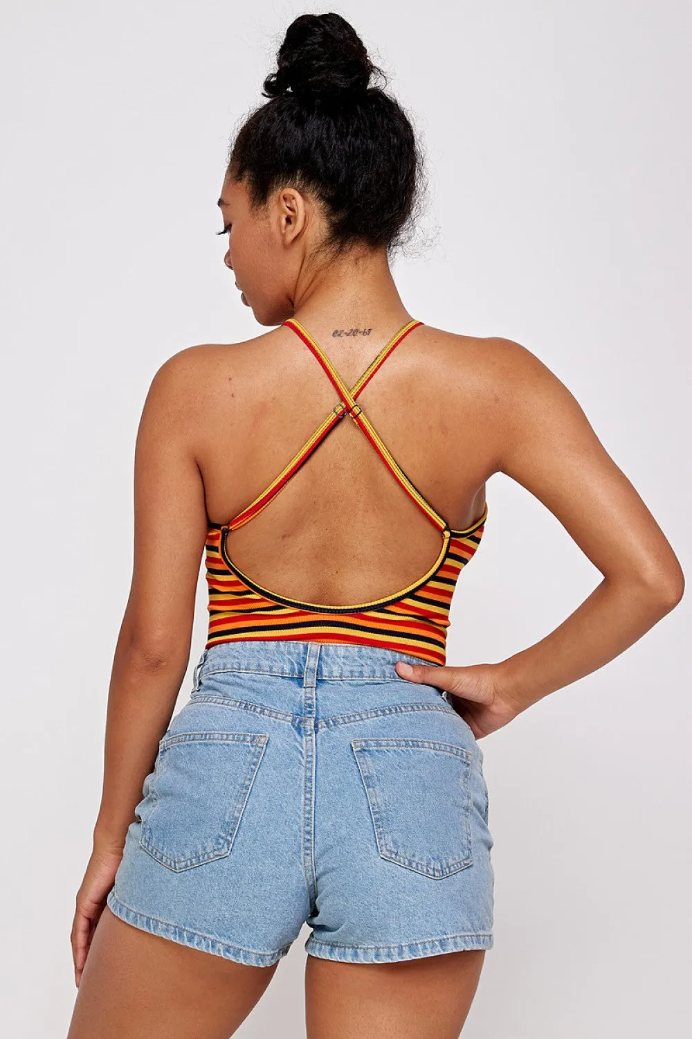 STRIPED PRINT OPEN BACK BODYSUIT