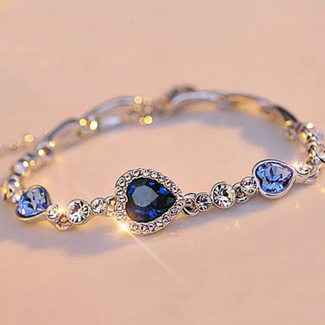 Stylish Women New Fashion Ocean Blue Sliver Plated Crysta Imitation Rhinestone Heart Charm Bracelet Bangle Gift Jewelry