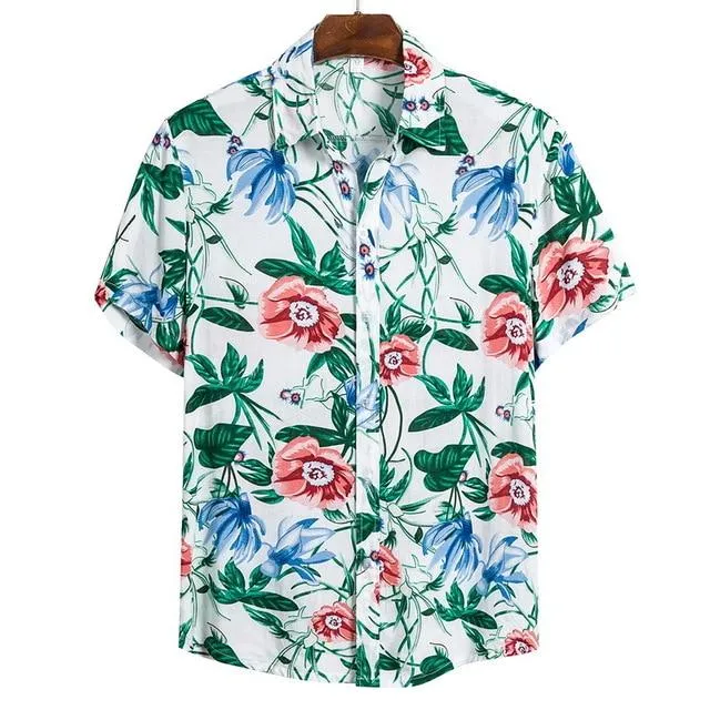 Summer Man Shirt Mens Ethnic Loose Hawaiian Henley Shirt