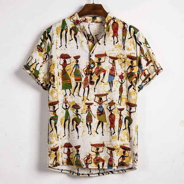 Summer Man Shirt Mens Ethnic Loose Hawaiian Henley Shirt