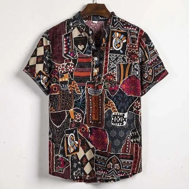 Summer Man Shirt Mens Ethnic Loose Hawaiian Henley Shirt