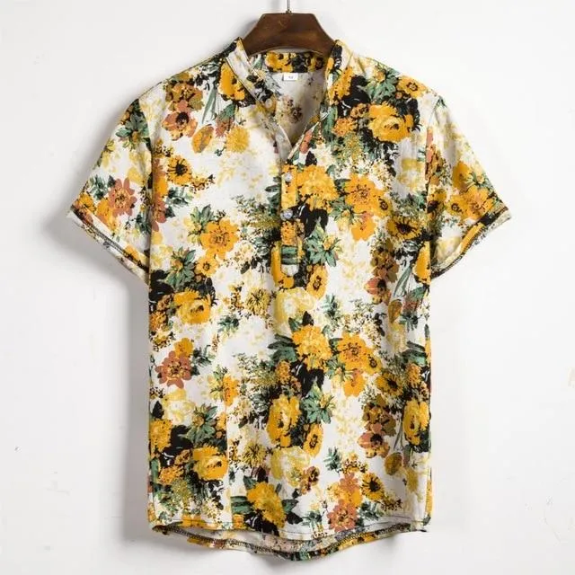 Summer Man Shirt Mens Ethnic Loose Hawaiian Henley Shirt