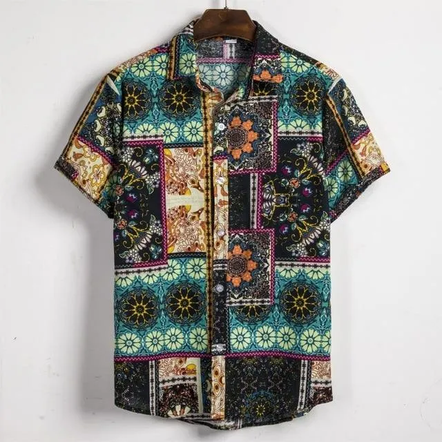 Summer Man Shirt Mens Ethnic Loose Hawaiian Henley Shirt