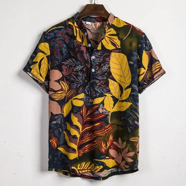 Summer Man Shirt Mens Ethnic Loose Hawaiian Henley Shirt