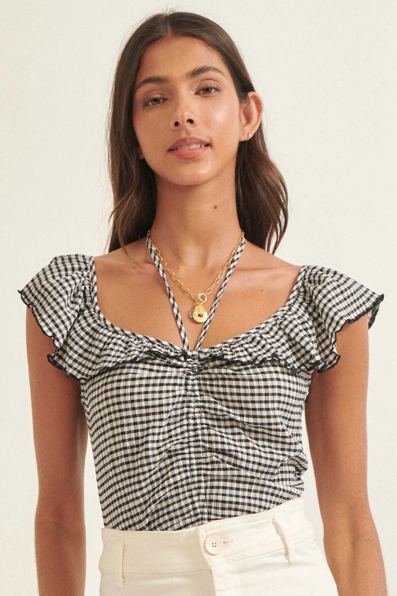 Sunlit Memories Striped Ruffle Halter Bodysuit