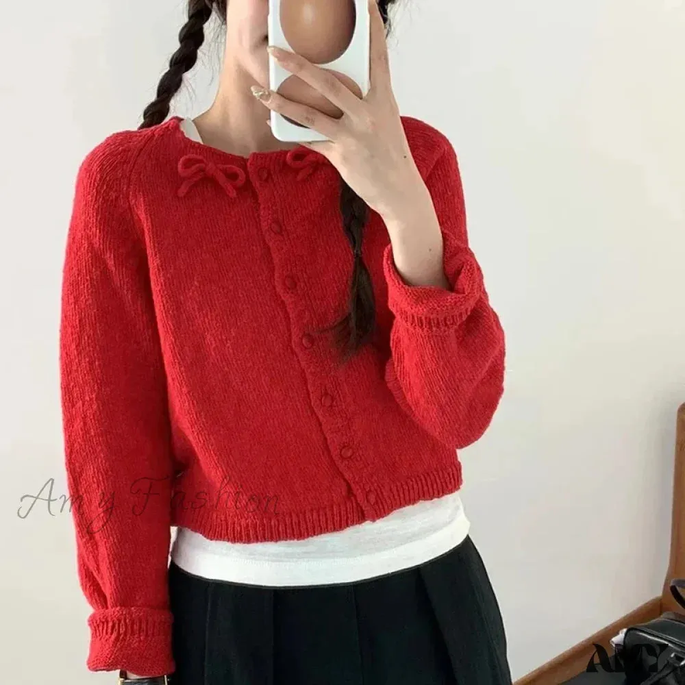 Sweet Korean Bow Kawaii Casual Autumn Preppy Skew Button O Neck Sweater