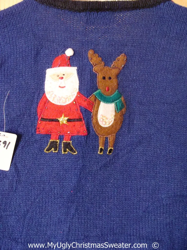 Tacky Blue Christmas Sweater Vest with Santa and Reindeer  (f1391)