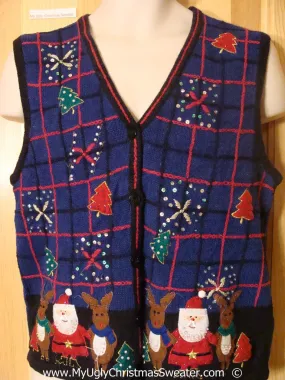 Tacky Blue Christmas Sweater Vest with Santa and Reindeer  (f1391)