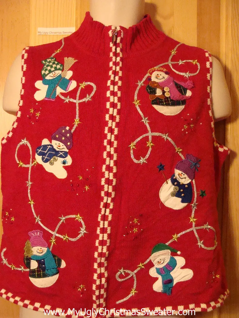 Tacky Ugly Christmas Sweater Vest with Tumbling Snowmen (f352)