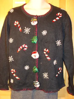 Tacky Ugly Christmas Sweater with Candy Canes and Huge Button Accent Decorations  (f470)