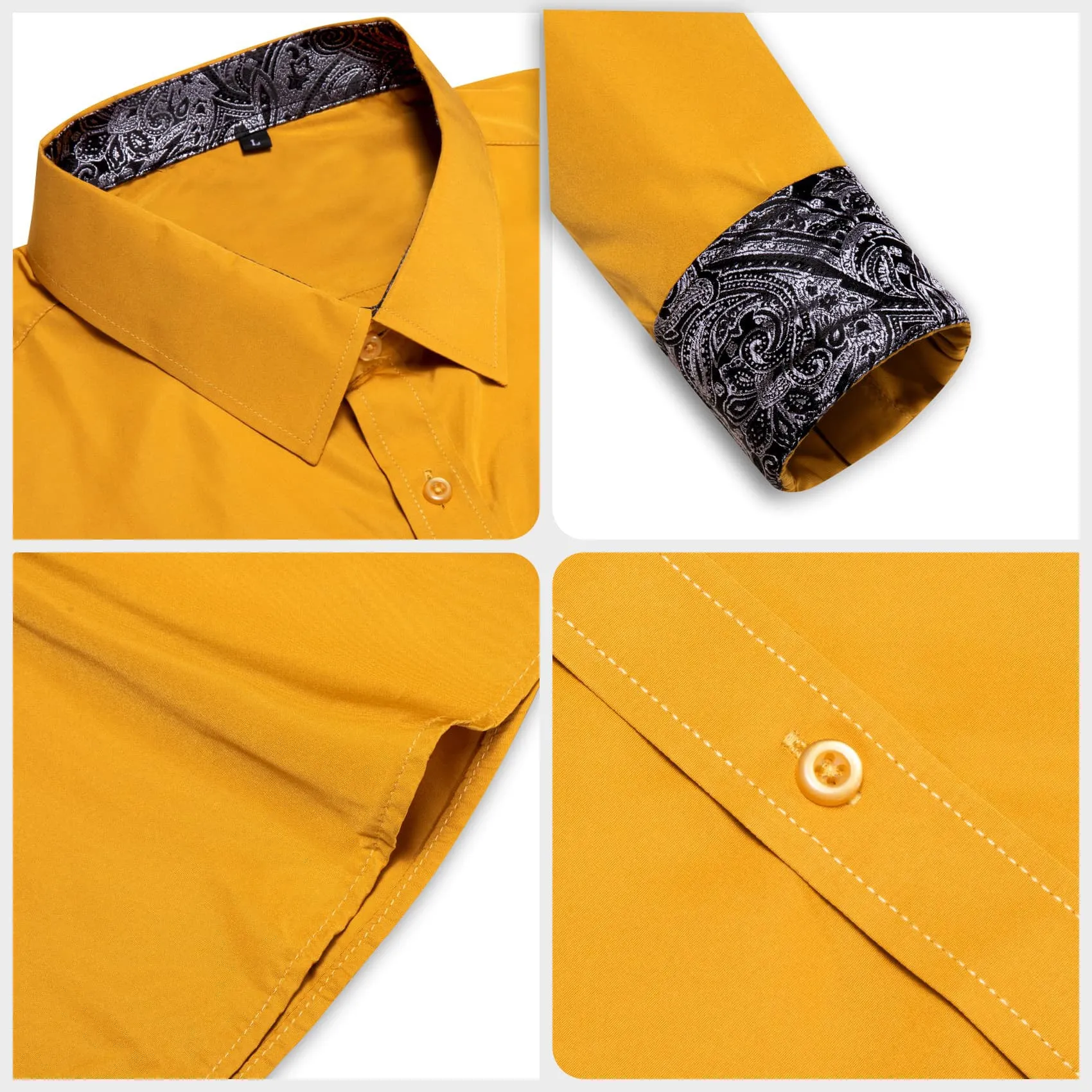 Ties2you Business Shirts Fire Yellow Solid Splicing Paisley Silk Mens Button Up Long Sleeve Shirts