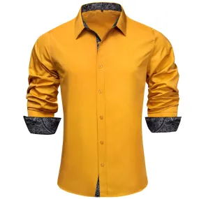 Ties2you Business Shirts Fire Yellow Solid Splicing Paisley Silk Mens Button Up Long Sleeve Shirts