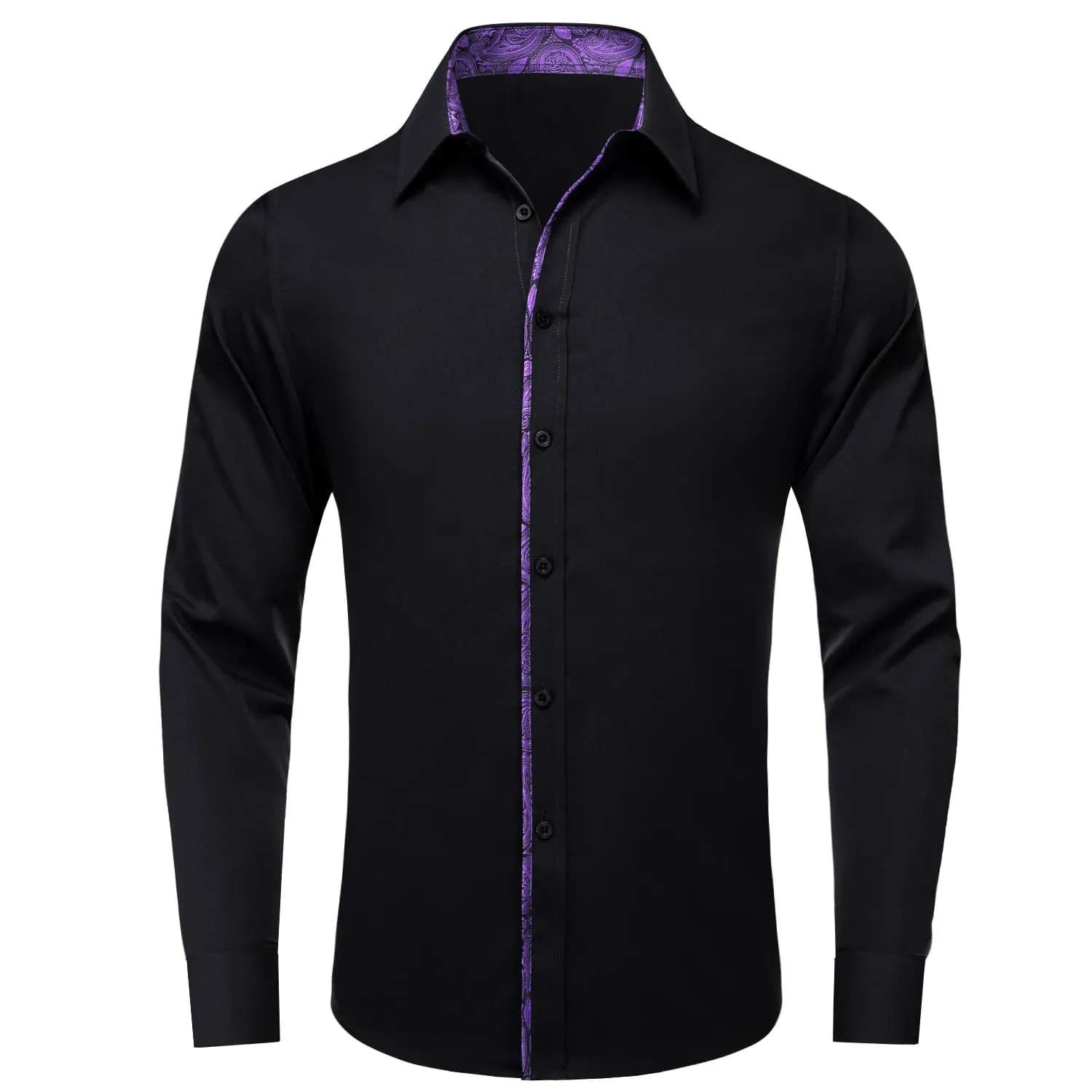 Ties2you Button Down Shirt Black Solid Purple Splicing Mens Silk Shirt