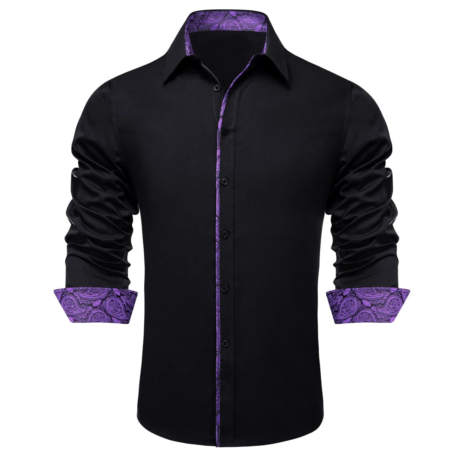 Ties2you Button Down Shirt Black Solid Purple Splicing Mens Silk Shirt