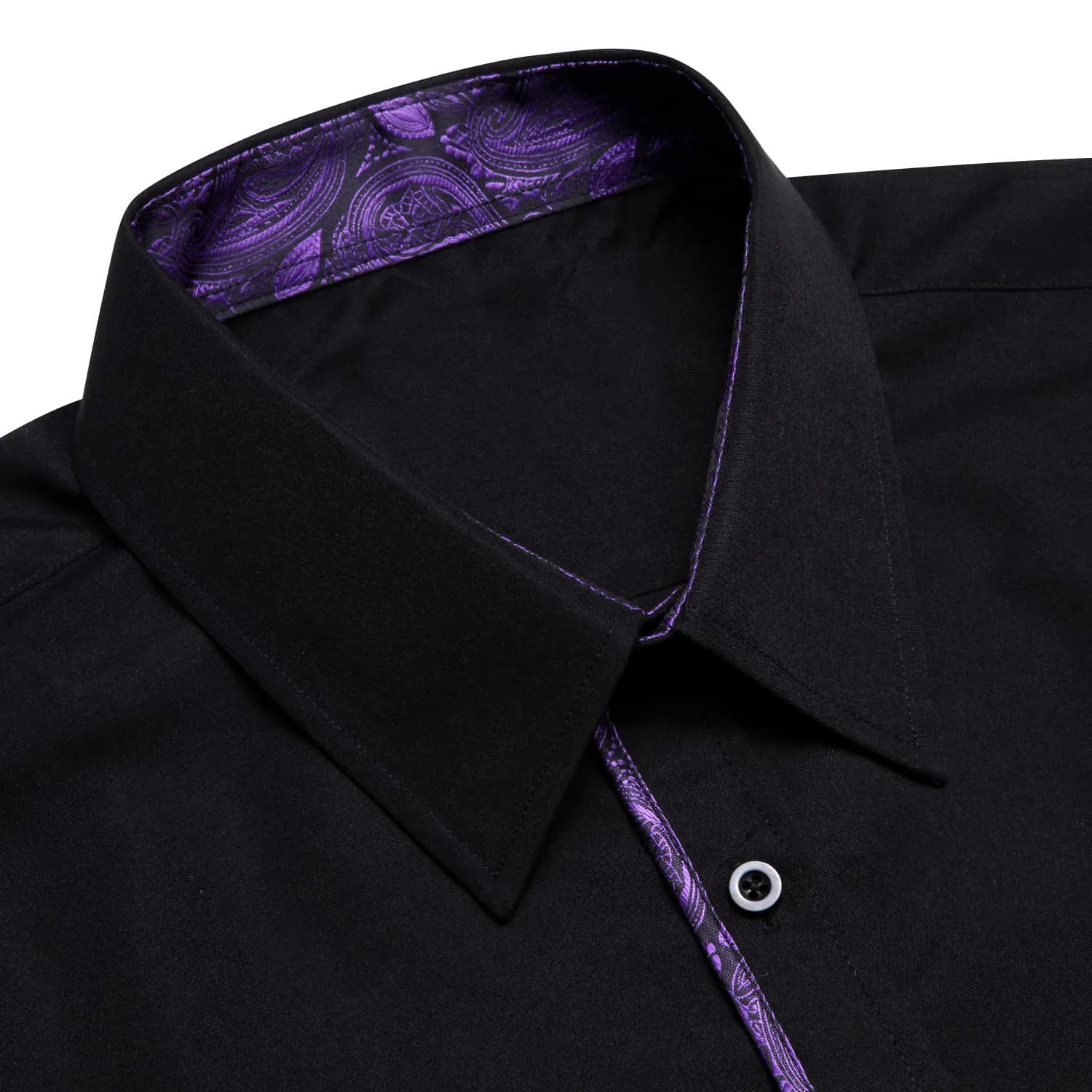 Ties2you Button Down Shirt Black Solid Purple Splicing Mens Silk Shirt