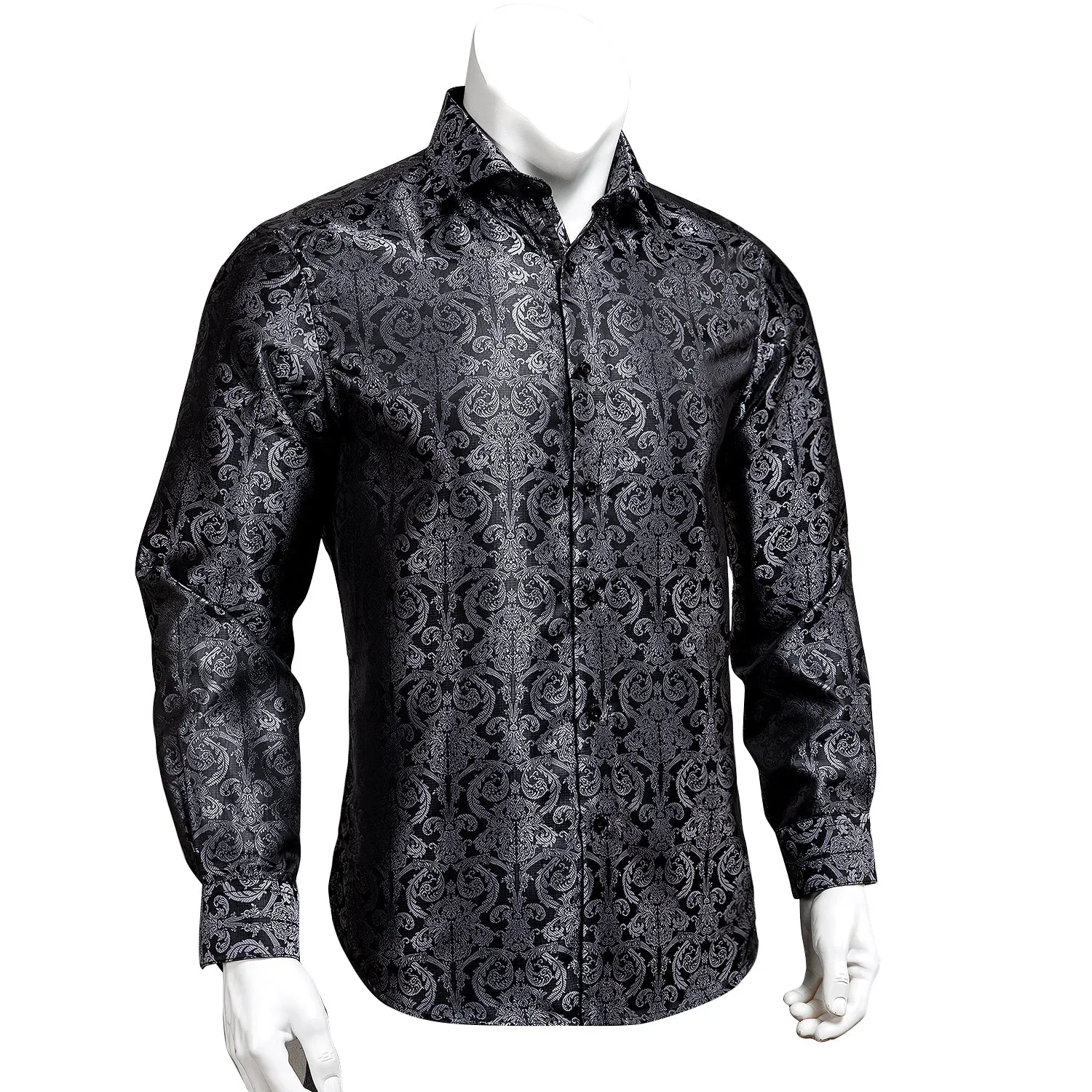 Ties2you Button Down Shirt Luxury Black Floral Silk Men's Long Sleeve Shirt