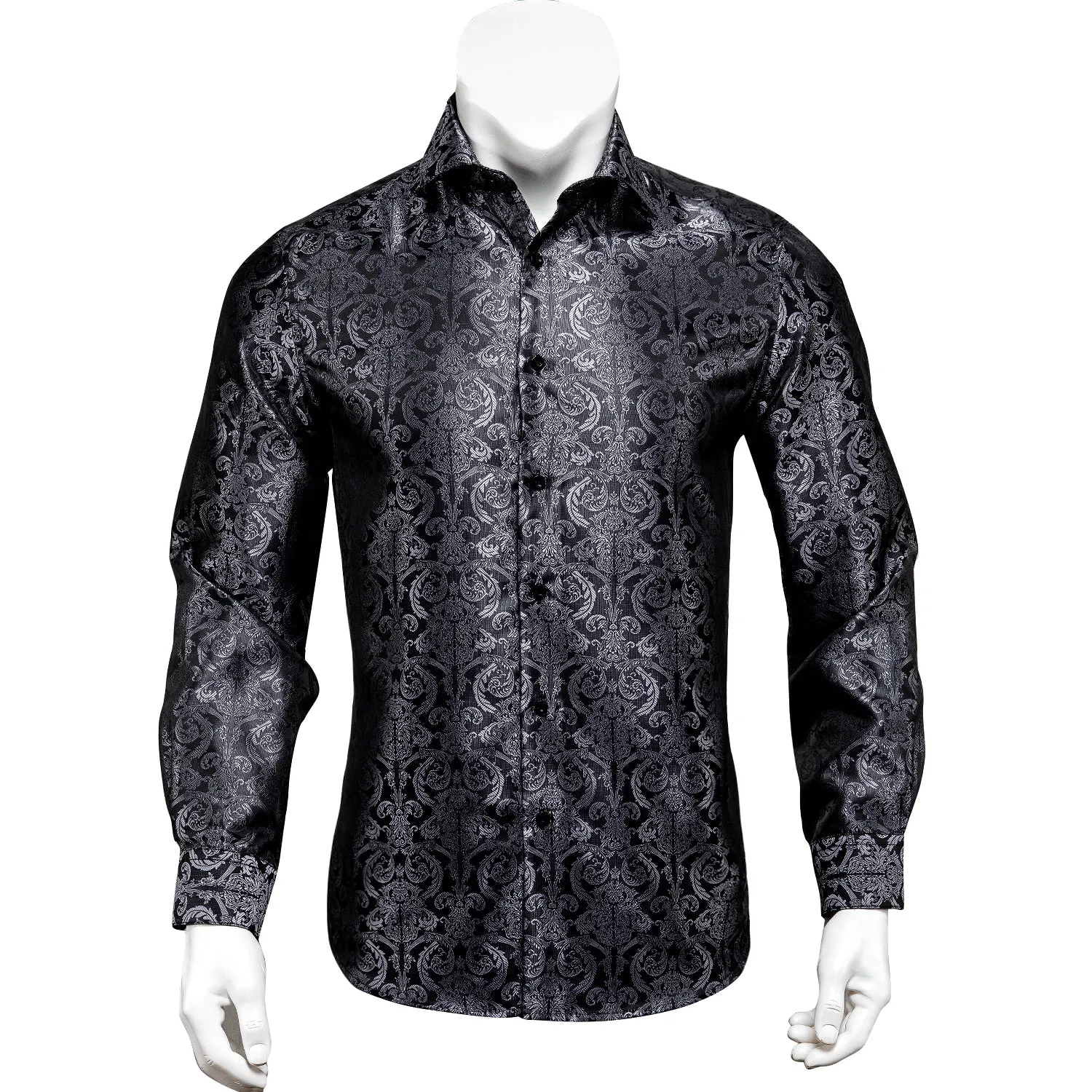 Ties2you Button Down Shirt Luxury Black Floral Silk Men's Long Sleeve Shirt