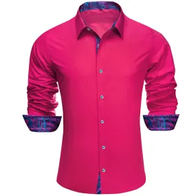 Ties2you Button Up Shirt Dogwood Rose Pink Splicing Purple Collared Silk Long Sleeve Shirt for Men