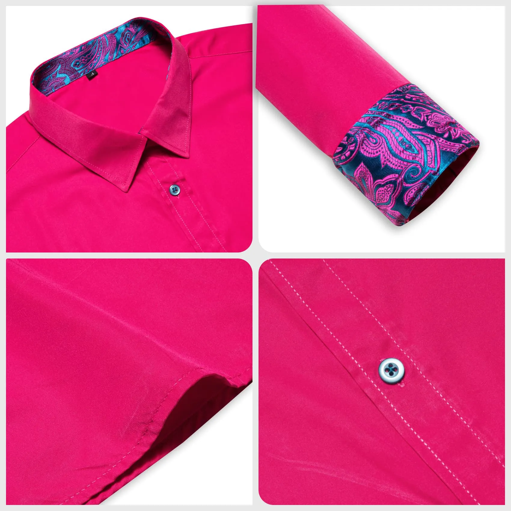 Ties2you Button Up Shirt Dogwood Rose Pink Splicing Purple Collared Silk Long Sleeve Shirt for Men